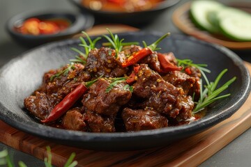 Fototapeta premium A portion of Rendang is served on a plate. Close up 