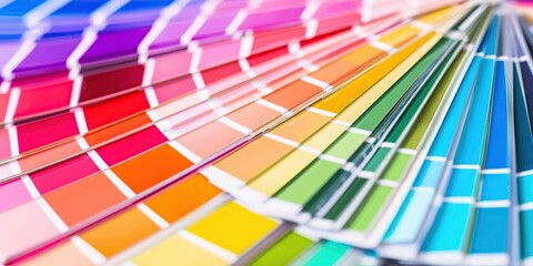 Color guide close up. Assortment of colors for design. Colors palette fan on a white concrete wall background. Graphic designer chooses colors from the color palette guide. Coloured swatches catalogue