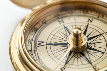 An up-close view of a polished brass compass, its needle pointing north. 