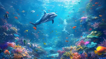Fototapeta premium Vibrant Underwater Kingdom with Playful Dolphins and Colorful Marine Life Adventure