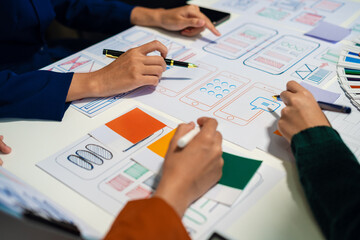 UX developer and ui designer brainstorming about mobile app interface wireframe design with...