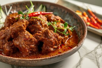 Fototapeta premium A portion of Rendang is served on a plate. Close up 