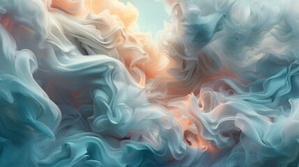 Fototapeta premium A fragmented composition of swirling clouds and celestial motifs, reminiscent of scenes from Buddhist cosmology, all rendered in a dynamic interplay of light and shadow. 
