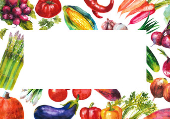 Watercolor hand painted vegetables frame. Food design illustration isolated on white background