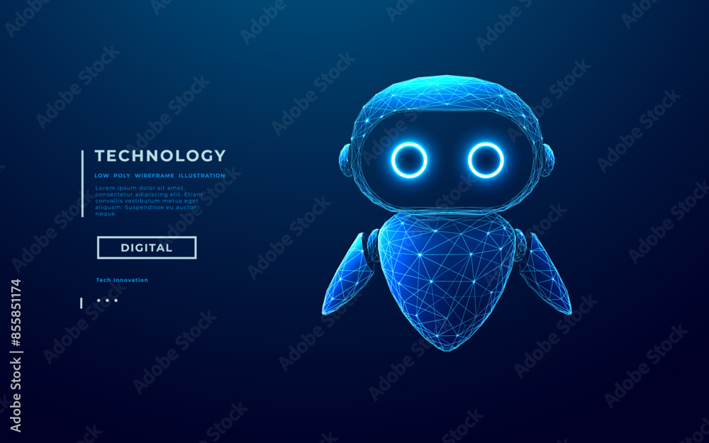 Poster Abstract digital AI robot with neon eyes on dark blue technology background. 3D low poly wireframe chatbot. Cute character bot on tech bg. Vector polygonal illustration in light blue futuristic colors
