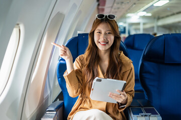 Airplane, travel and portrait of woman with journey and backpack.