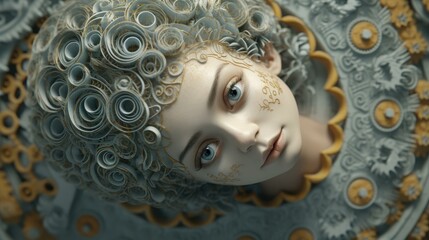 Explore the depths of the human mind with a 3D rendering of a face morphed with fractal paint, delving into inner worlds and emotions.