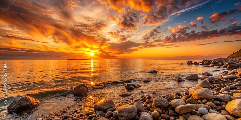 Wall mural elegant view of orange-hued sunset over the sea with stones on the shore, serene, sunset, sea, elega - Wall murals