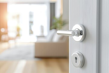 Naklejka premium Doorknob. Metal door handle lock and latch of brass on veneer doors. Door wooden half opening through interior bedroom background, selective focus. Modern trends in interior design. Close-up.