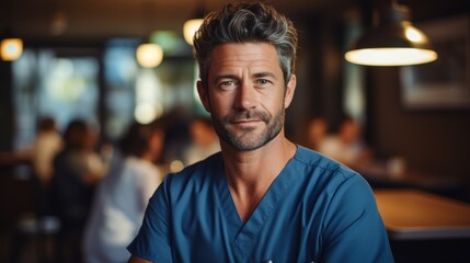 Fototapeta premium Smiling male doctor with stethoscope blurred background