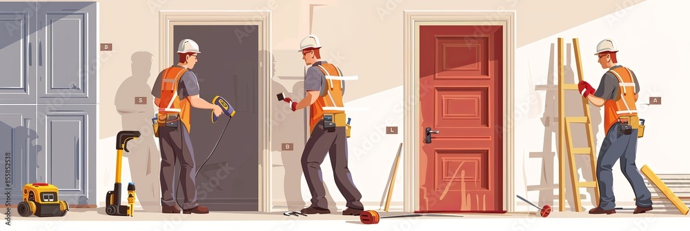 Poster a team of construction workers in safety vests meticulously installs a new door. generative ai