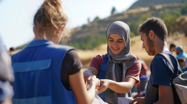 Woman aiding refugees in a field setting.
