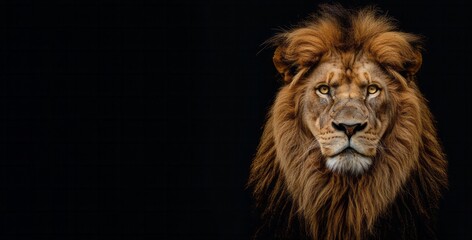 Naklejka premium Majestic front view head shot of lion over black background with copy space. Generative AI