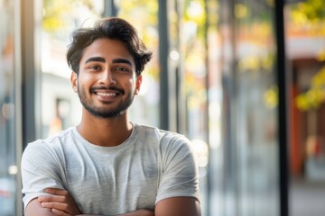 Fototapeta premium Portrait of young happy indian business man looking at camera standing with arms crossed outdoor.