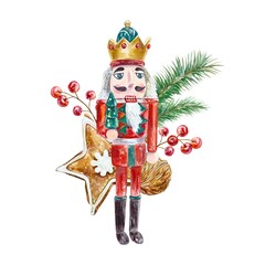 Nutcracker, Christmas tree branches, berries, ginger cookies. Watercolor illustration isolated on white. New Year cards, invitations, posters, flyers.