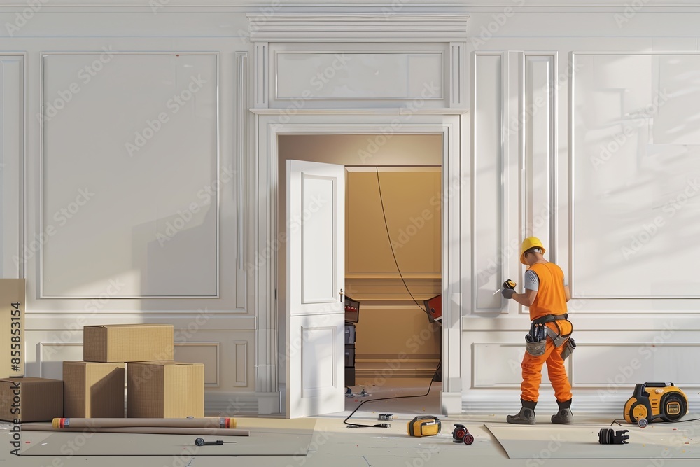 Poster a skilled worker installs a new door in a modern room, demonstrating professional craftsmanship and 