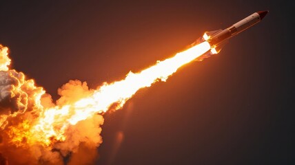 Fototapeta premium A high-speed rocket with fiery exhaust soars through the sky during a nighttime launch, showcasing power and technology in motion.