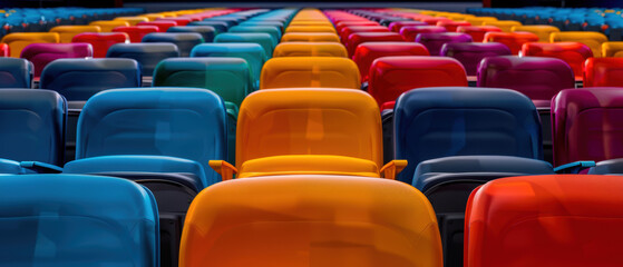 Fototapeta premium A row of chairs in a theater are all different colors
