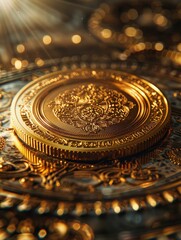 Obraz premium Intricately Designed Gold Coin on Ornate Background with Sunlight Reflections