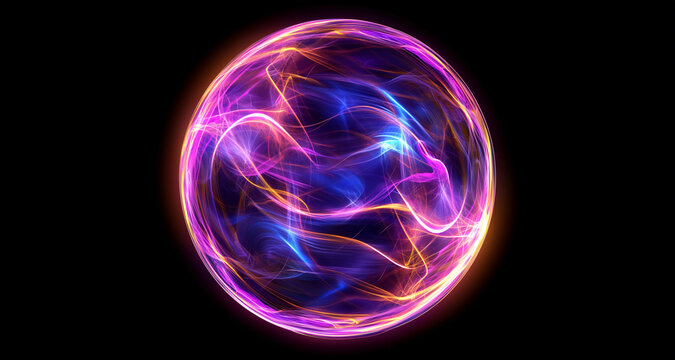 A glowing purple orb with a blue and orange swirl. The image is of a colorful, glowing object that appears to be floating in space