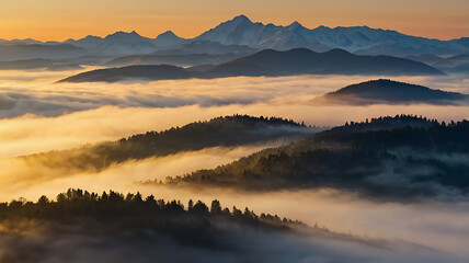 Fototapeta premium At dawn, mountains emerge from fog under the morning sun.The morning sun casts its light over fog-covered mountains at dawn.