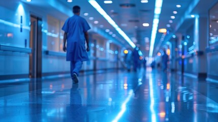 Fototapeta premium Blurred image of hospital corridor with people walking in blue light.