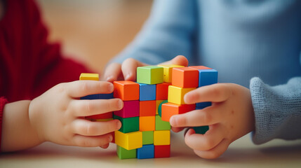 Cuteness overload Little kids hands playing joyfully with colorful building blocks in a closeup photograph.