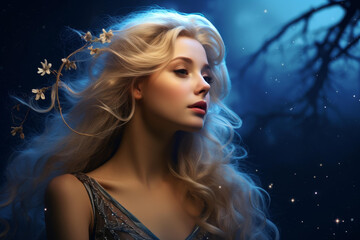 Ethereal princess gazes at starlit night sky in enchanting, dreamy fantasy scene. Neural network generated art showcases stunning beauty.