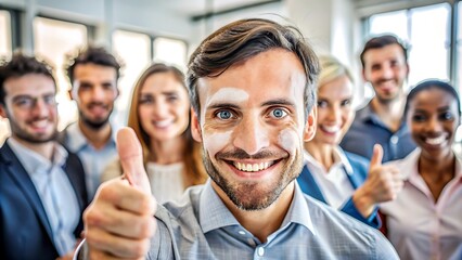 Obraz premium Confident Man with Vitiligo Giving Thumbs-Up in Blurred Office Background