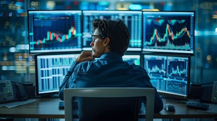 Fototapeta premium Professional Financier Analyzes Data on Multiple High Tech Monitors in a Focused Business Environment