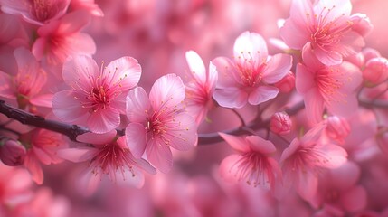 Obraz premium Close-up of cherry blossom tree branches laden with fully opened flowers, showcasing intricate details of petals and buds in various stages of bloom. Soft focus background adds depth and enhances the