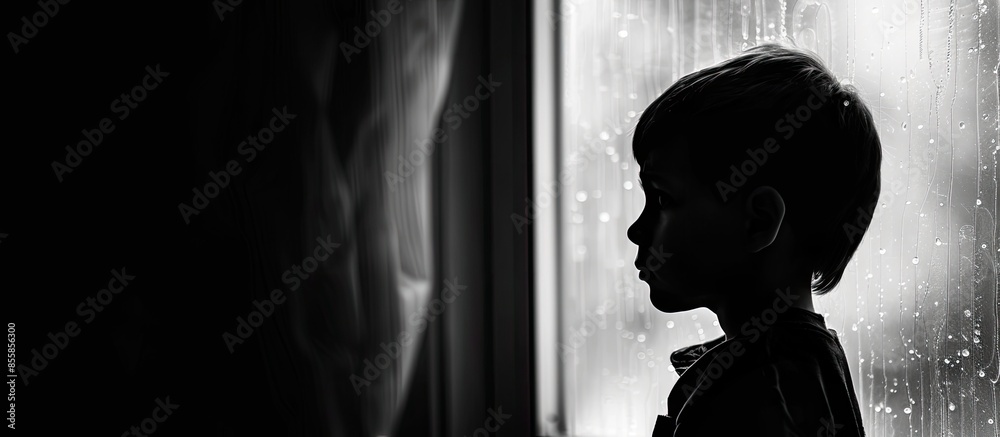 Poster Blurry background Silhouette sad boy crying at window, black and white. Copy space image. Place for adding text or design