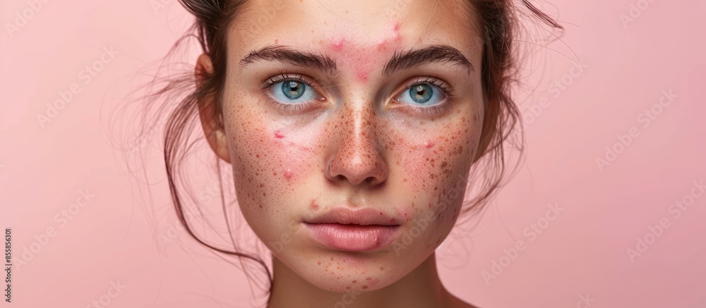 Poster Bad skin problems. Woman with pimples and wrinkles. pastel background. with copy space image. Place for adding text or design