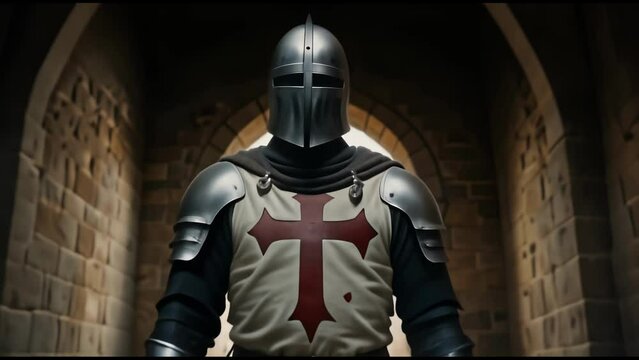 Medieval templar knight warrior with a christian cross marked on his chest guarding a castle archway entrance, protecting and serving, 4k