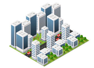 A small town surrounded by trees and a road, flat, isometric map, urban planning, suburban neighborhood. 3D illustration