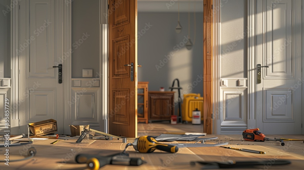 Poster a new door being carefully installed in a modern home, highlighting the professionalism with neatly 