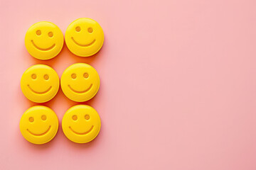 Fototapeta premium yellow smiley faces lying on a pink background representing the effect of antidepressant pills