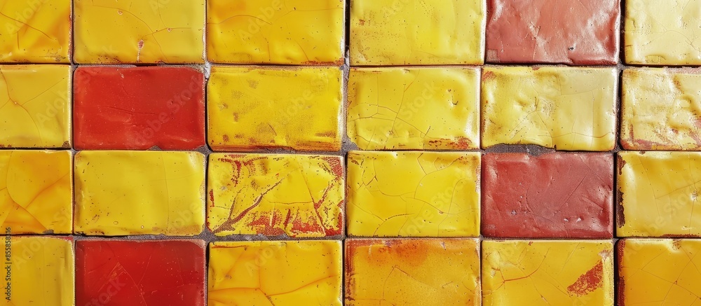 Poster yellow and red tile texture or background, tile floor, wall for kitchen, bathroom etc. with copy spa