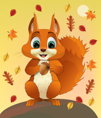 Cute smiling cartoon squirrel sitting among falling autumn leaves. squirrel holding a nut. Sunny goldish background. Vector illustration for banner, holidays or books and print products.