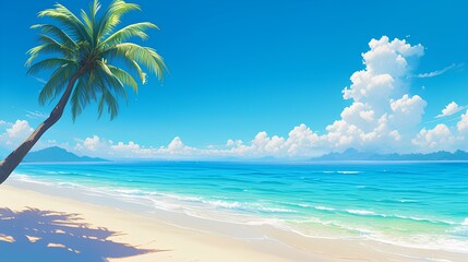 Tropical beach view with one coconut tree bright blue sky