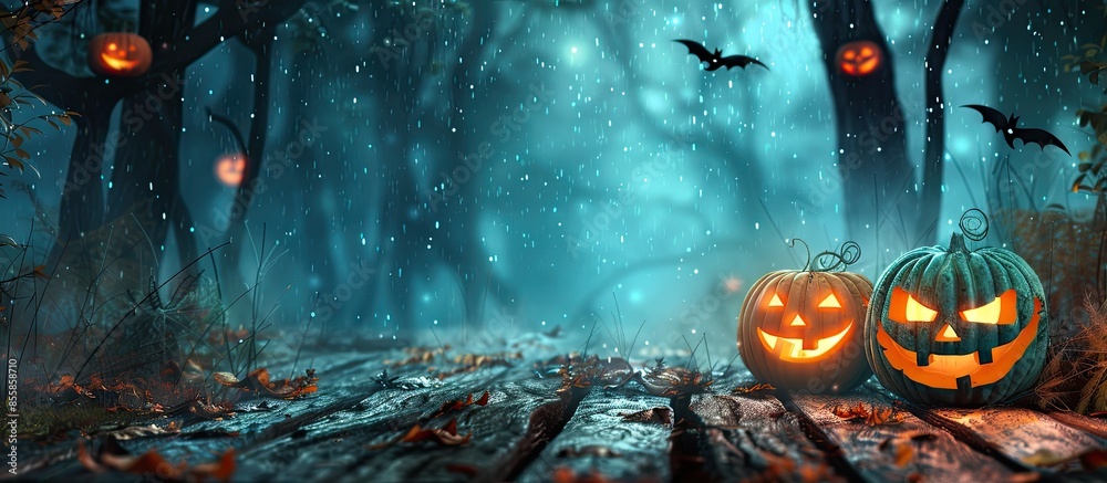 Poster halloween pumpkins on wood in a spooky forest at night. copy space image. place for adding text or d