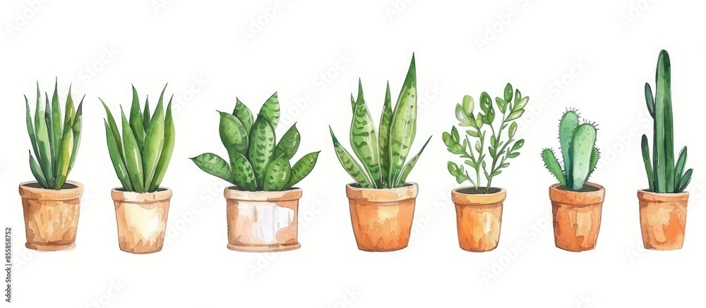 Poster home snake plants set, in pots. cactus, snake plant, sansevieria isolated botanical design element. 