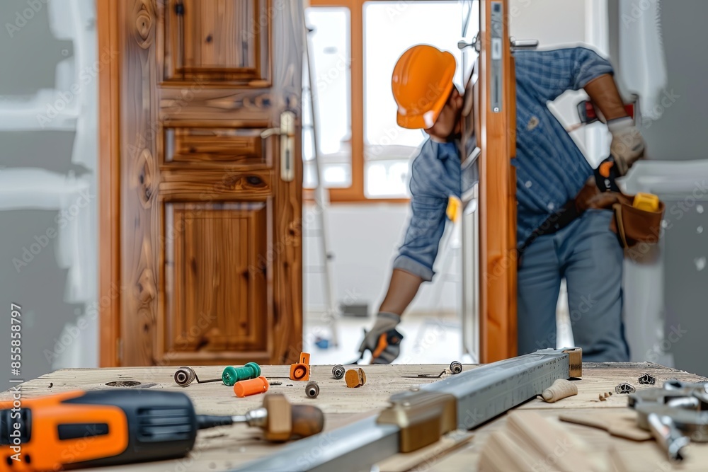 Poster A worker in a hardhat is installing a new door, shown beside the older one. Tools and screws are scattered on the work surface, with the process highlighting expertise and care. Generative AI