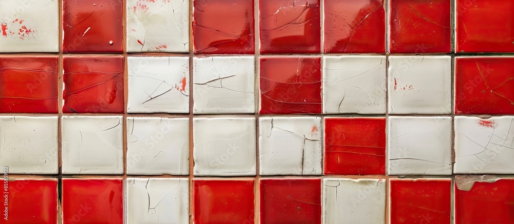 Poster Horizontal rectangular tiled wall in bathroom in detail.  Tiles red and white chinks. with copy space image. Place for adding text or design