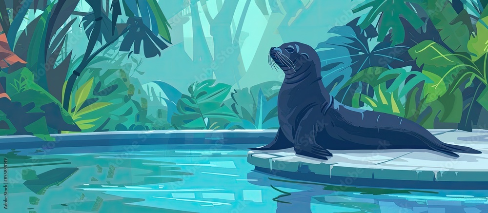 Aufkleber A seal relaxing by a pool in a zoo pastel background. with copy space image. Place for adding text or design