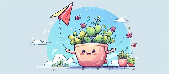 flowerpot cartoon character throwing paper airplane , cute style design for t shirt, sticker, logo element. with copy space image. Place for adding text or design