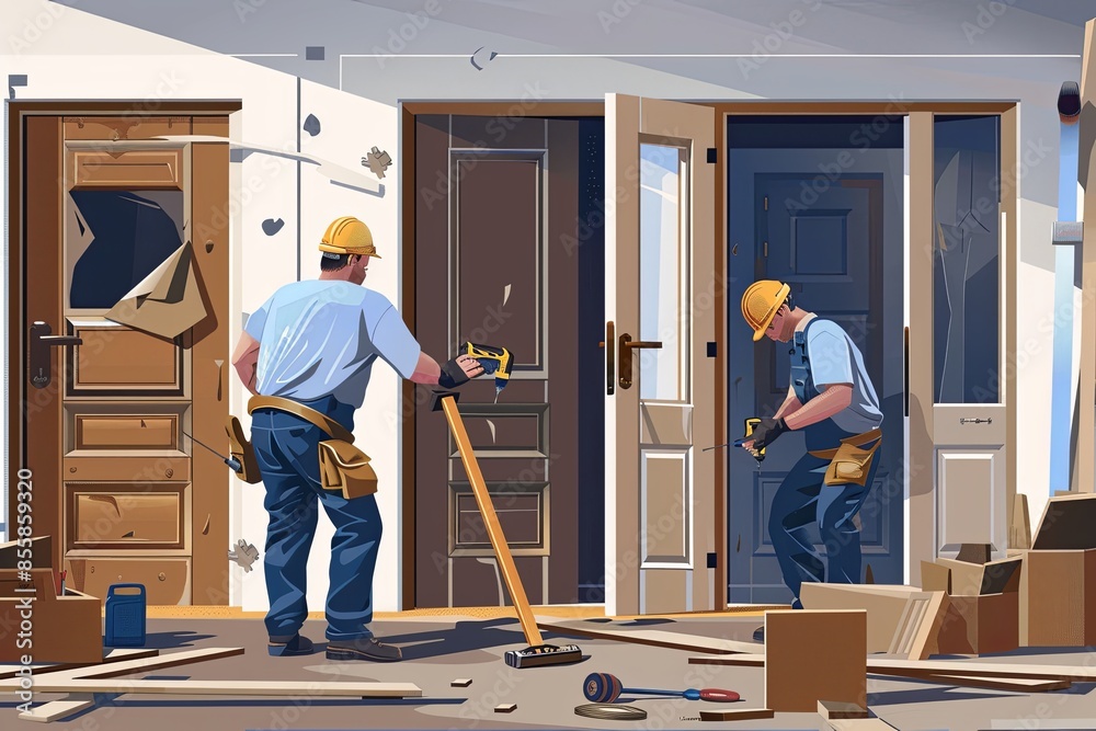 Leinwandbilder two workers in hard hats are replacing a door, old one still visible. tools scattered around, showin