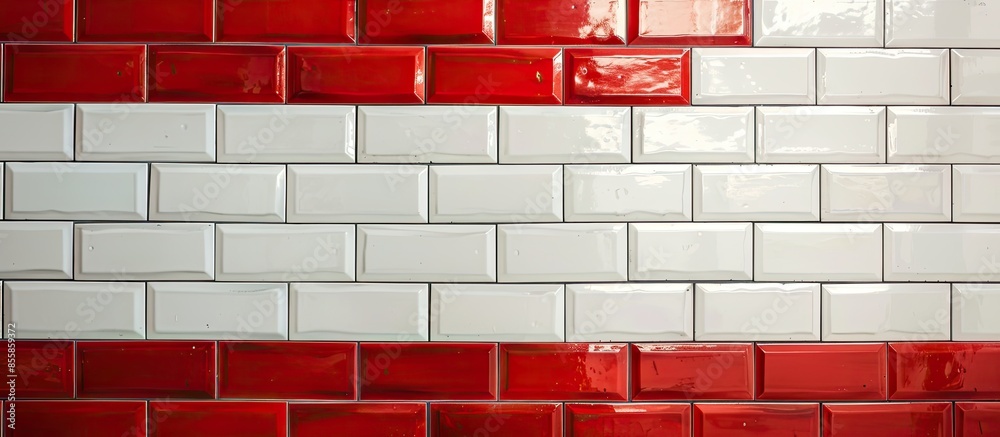 Poster Horizontal rectangular tiled wall in bathroom in detail.  Tiles red and white chinks. with copy space image. Place for adding text or design