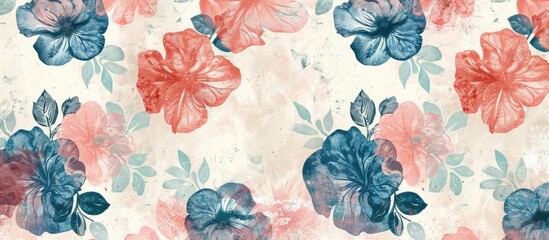 Vintage Rustic Textured Vintage Flower Shapes Seamless Pattern Trendy Fashion Colors Monochrome Colorful Detail Perfect for Interior Home Design Fabric Print Wrapping Paper Petrol Blue Pink Tones