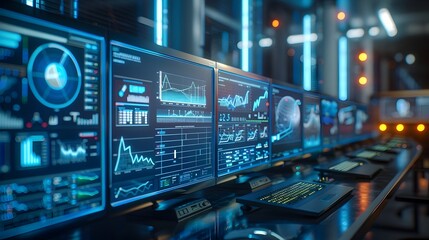 Renewable Energy Control Center with Holographic Displays Monitoring Wind and Solar Farms Technology Concept
